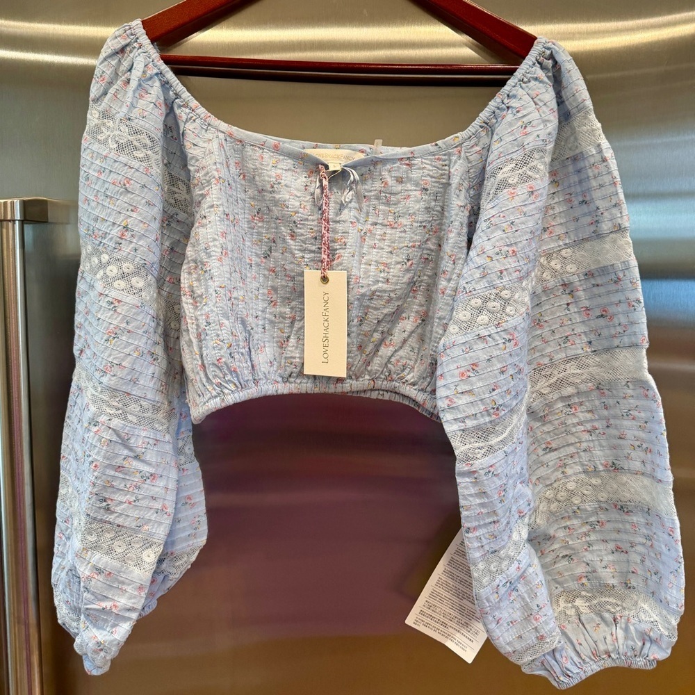 NWT LoveShackFancy Albertina Cropped Top in Bella Blue Lace details brand new​